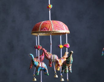 16'' Rajasthani Umbrella Elephant Hanging with Bell, Indian Wedding Decor, Indian Home Decor, Wind Chimes, Pooja Return gifts, Diwali Decor