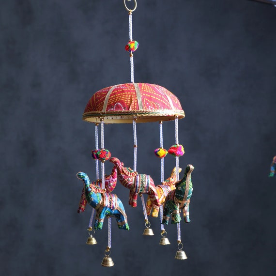 16'' Rajasthani Umbrella Elephant Hanging with Bell, Indian Wedding Decor, Indian Home Decor, Wind Chimes, Pooja Return gifts, Diwali Decor