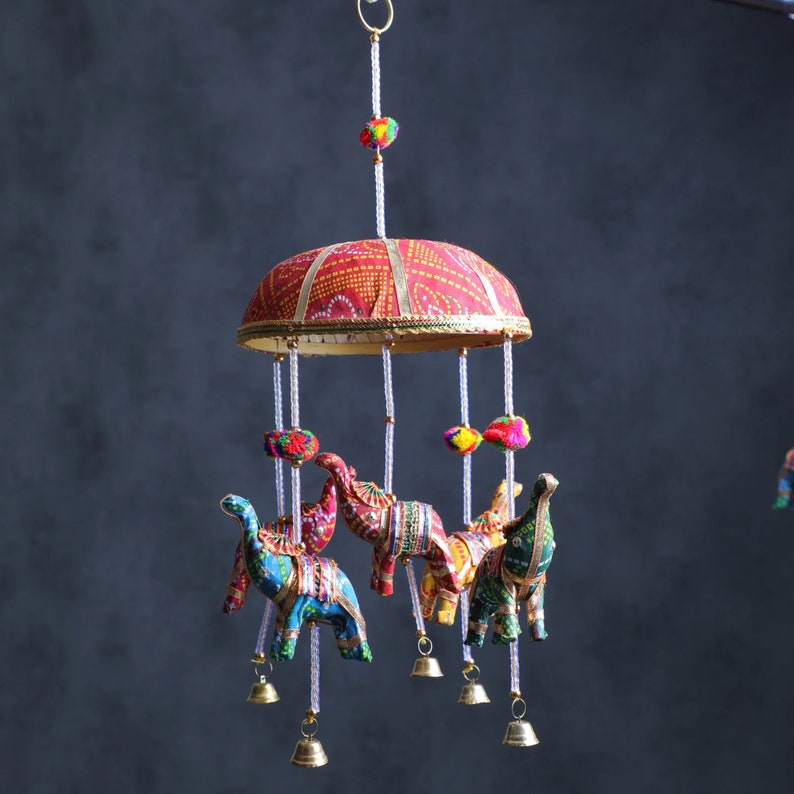 16 '' Rajasthani Umbrella Elephant Hanging with Bell, Handmade Umbrella Elephant Window Door Hanging, Tota Bell Wind Chimes, Indian Gift