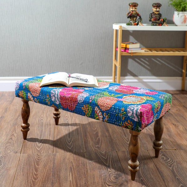 Banc en bois indien Le Caire| Canapé rembourré fait main Kantha pour la maison Table à manger de salon | Desi Home Decor|Style ethnique indien