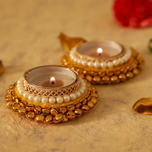 Metal Diya with Pearls, Diwali decor, Indian wedding favors, Indian Tealight Holder, Diwali Gifts, Diwali Decoration, Tealight Candle stand