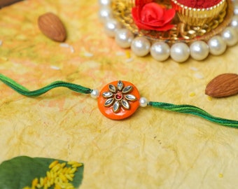 Orange Kundan Rakhi With Green Thread, Rakhi For Brother, Rakhi In Usa, Rakhi For Bhai, Rakhi bracelet, Designer Indian Rakhi,Raksha Bandhan