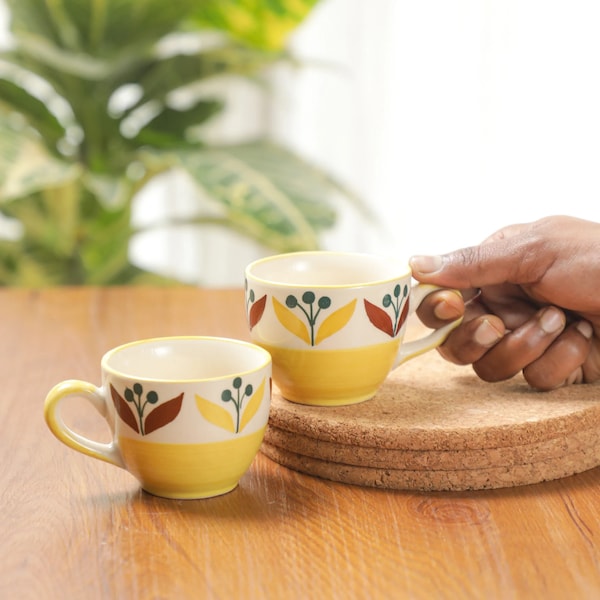 Yellow Floral Ceramic Tea Cup, Indian Chai Cups, Handmade Pottery Cups, Tea Coffee Cups, Earthen Cups, Diwali Gifts, Indian Return Gifts