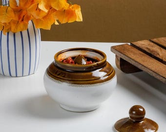Old Fashioned Round Ceramic Pickle Jar, Achaar Barni For Dining Table, Masala Container, Indian Housewarming Gifts, Return gift for pooja