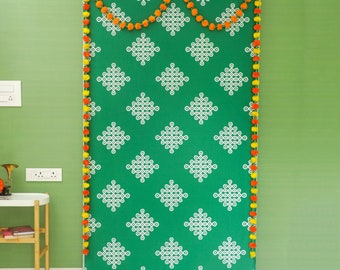Kolam Muggu Telón de fondo, Telón de fondo indio, Telón de fondo de tela, Telón de fondo de Pooja, Telón de fondo del sur de la India, Decoración de Pooja de inauguración de la casa, Telón de fondo tradicional