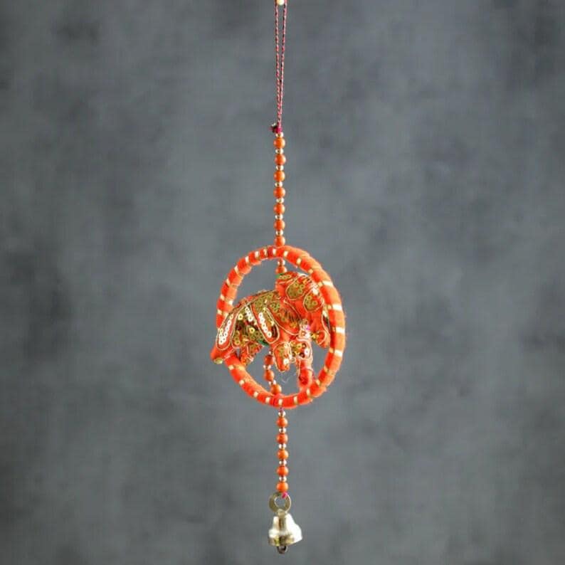 16'' Rajasthani Umbrella Elephant Hanging with Bell, Indian Wedding Decor, Indian Home Decor, Wind Chimes, Pooja Return gifts, Diwali Decor image 12
