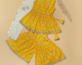 Conjunto de kurta y sharara para niñas, conjunto de gharara, conjunto de kurta para niñas, vestido para niñas, vestido étnico para niñas, vestido Diwali, lehenga para niñas.