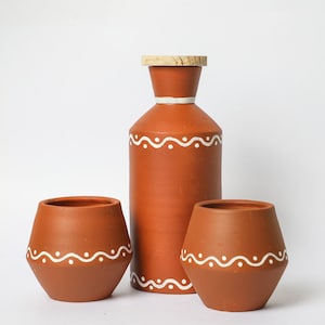 Terracotta Water Bottle with 2 Glasses, 750 ml Handpainted Muggu design Earthen Clay Bottle with Lid, terracotta pitcher, Mitti bottle