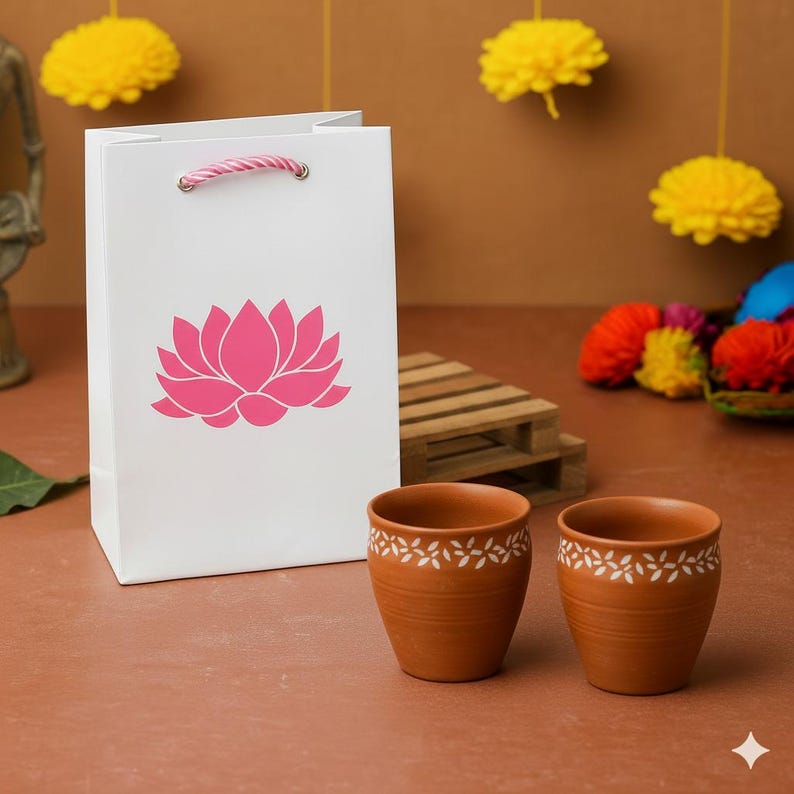 Puede incluir: Una bolsa de regalo blanca con un dise&ntilde;o de flor de loto rosa, un asa de cuerda rosa y blanca, y dos peque&ntilde;as tazas de terracota marr&oacute;n con patrones florales blancos. Pompones amarillos cuelgan en el fondo.