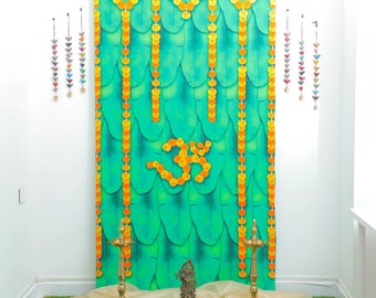 Achtergronddoek van bananenbladeren, Indiase achtergrond, Diwali-decoratie, traditionele achtergrond, Zuid-Indiase achtergrond, achtergrond voor een housewarming.