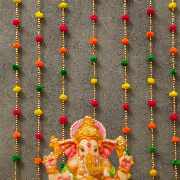 5.5 ft Pompom Garlands for Diwali Pooja Decoration, colorful Pompom Garlands with Brass Bell for Indian Backdrop Decor, Mehndi Haldi decor