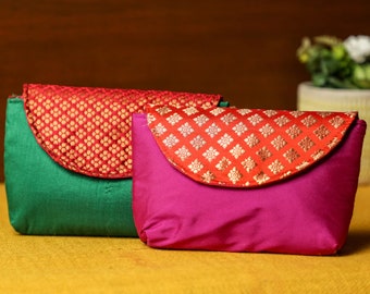Banaras print makeup pouches | pooja return gift pouches | desi makeup bags | travel cosmetic bags | wedding return gifts | Thambulam bags
