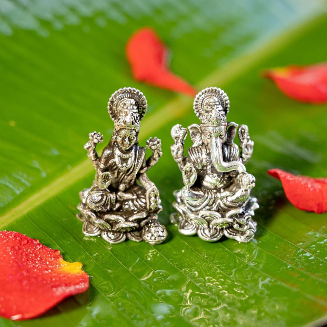 Pure Silver Ganesha and Lakshmi Idol, Silver God Idols for Indian