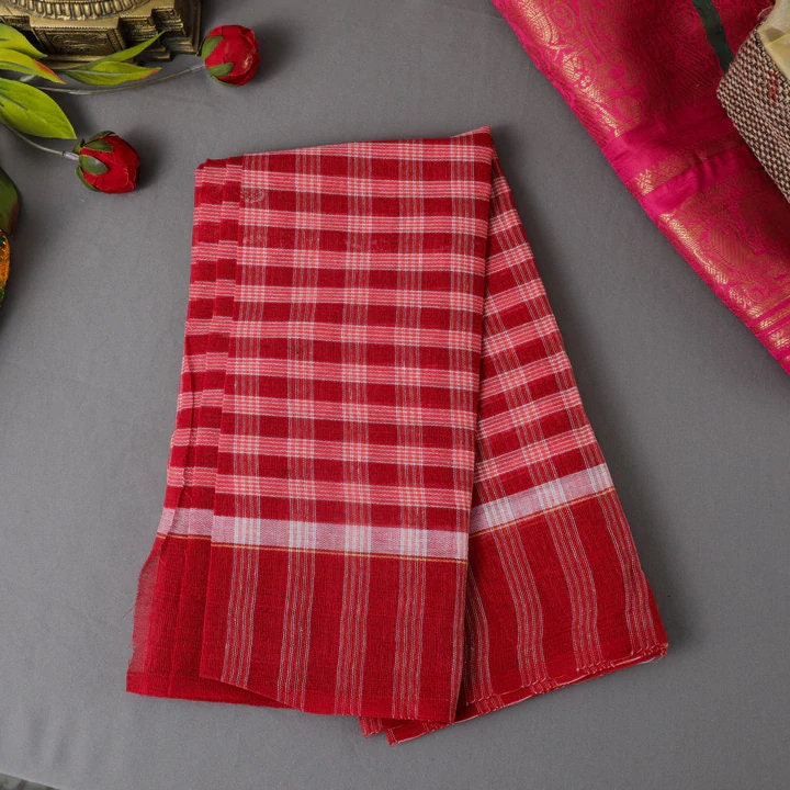 Red Cotton Gamcha for Wedding Pooja, Handloom Khadi Cotton Indian Bath, Hand woven light weight travel towel, beach towel, Bengali towel