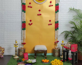 Kwiaty wiszące, indyjskie tło dekoracyjne, wystrój Pooja mandir, dekoracja Diwali, wystrój Mehendi haldi, tło do pudży, tło do pudży