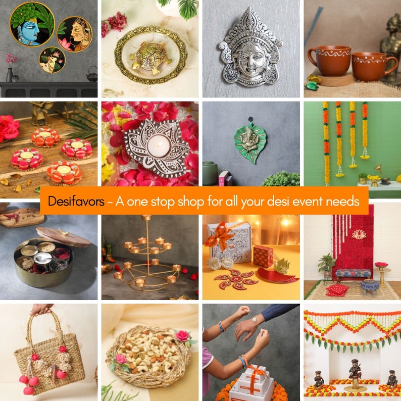 May include: A collection of Indian-inspired home decor and party supplies, including decorative wall hangings, tealight holders, garlands, and gift boxes. The text "Desifavors - A one stop shop for all your desi event needs" is displayed on a banner.