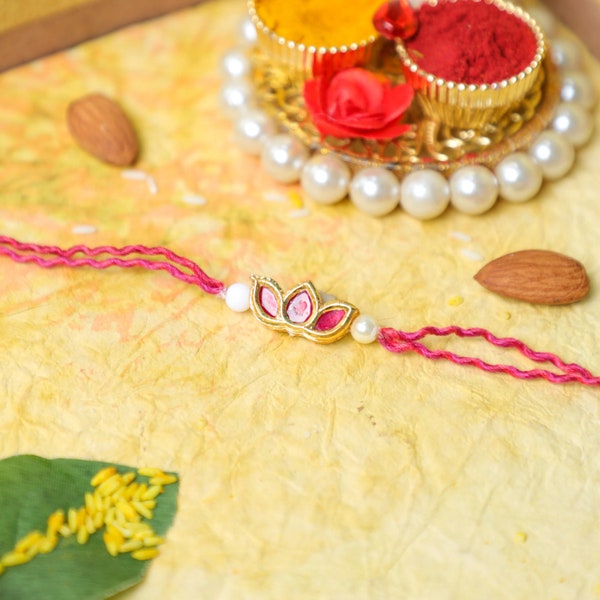 Pink Lotus Rakhi for Raksha Bandhan, Rakhi for Brother, Indian Rakhi Bracelet, pearl rakhi, Rakhi Thread, rakhi dori, Bhaiya Bhabhi Rakhi