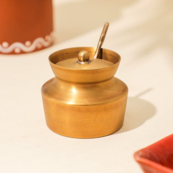 Brass Ghee pot, Ghee Jar with spoon, Sugar Pot with spoon, spice or ghee container , housewarming gift , Indian Gifts, diwali return gifts