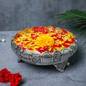 Urli de plata alemana, Tazón Urli grande, Conjunto Urli para decoración Diwali, Urli decorativo para vela flotante, Urli para decoración Haldi, Decoración del hogar