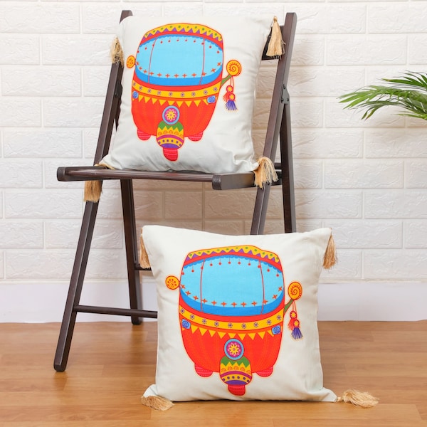 Desi Auto & Truck Printed Cotton Cushion Cover for Home Decor, 16x16 Inch Indian Style Throw Pillow Cover,  Ethnic Cool Funky Cushion Cover