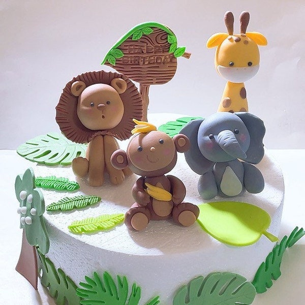 safari animal jungle fondant cake topper ,lion,monkey,giraffe,elephant,tree cake topper,Coconut tree cake topper