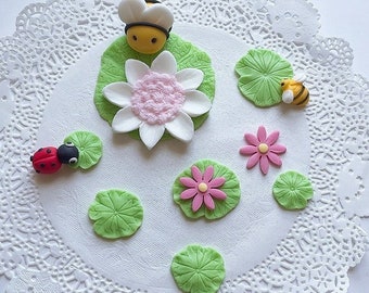 Fondant Lotus  Cake Topper / Ladybug Cake Topper / Pond Cake Topper / Bee Fondant Cake Topper/ Animal Cake Topper Set