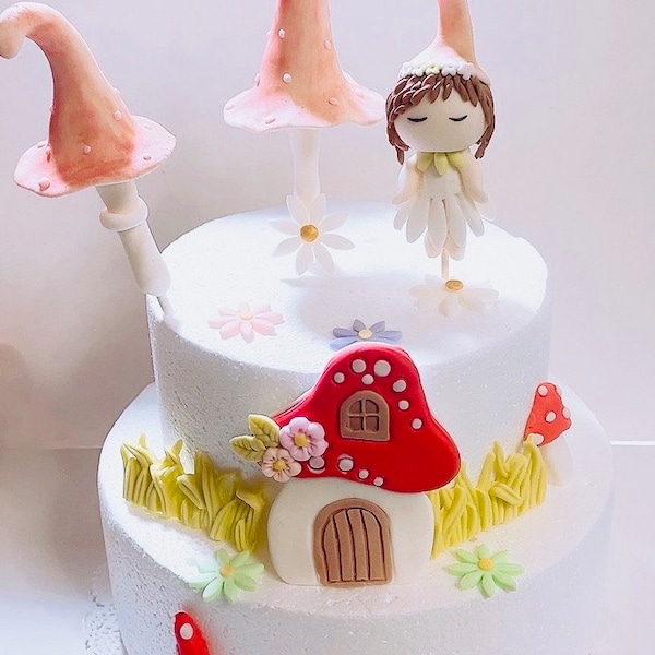 Fondant fairy garden cake topper/ woodland cake topper / mushroom door cake topper /fairy house /fairy door cake decoration