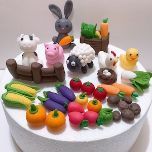Fondant Farm cake topper,Animals cake topper decoration,Vegetables cake topper,cow,sheep,pig,duck,chicken,rabbit,bunny,eggplant,cabbage