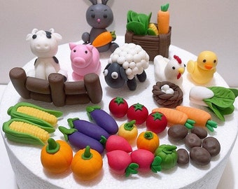 Fondant Farm cake topper,Animals cake topper decoration,Vegetables cake topper,cow,sheep,pig,duck,chicken,rabbit,bunny,eggplant,cabbage