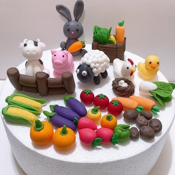 Fondant Farm cake topper,Animals cake topper decoration,Vegetables cake topper,cow,sheep,pig,duck,chicken,rabbit,bunny,eggplant,cabbage