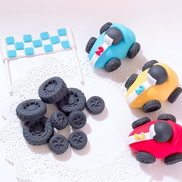 Fondant car cake topper,race car cake topper, tires cake topper. Flag cake topper