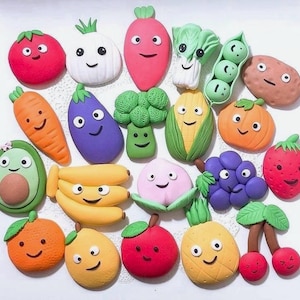 Fruits and vegetables fondant cake topper,kawaii fruits and vegetables cake decoration,happy, smile , cartoon face vegetables and fruit