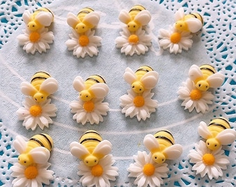 Fondant Bee & Flower Cake Toppers, Tiny Bee Cupcake Decoration (12pc 24pc)
