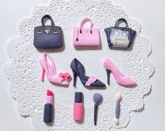 Fondant shoes,bags,makeup,perfume, lipstick cupcake topper,  lady’s bag, purses, high heels, cake topper