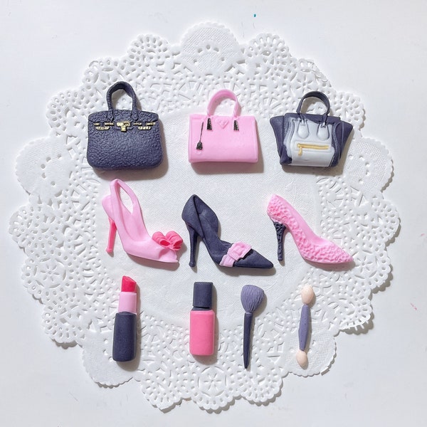 Fondant shoes,bags,makeup,perfume, lipstick cupcake topper,  lady’s bag, purses, high heels, cake topper