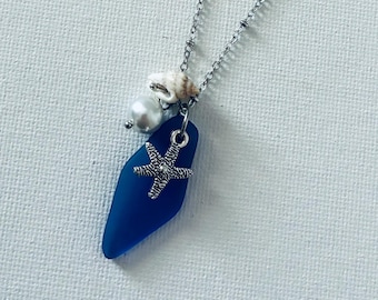 Cobalt Blue Sea Glass and Sea Star Charm Necklace