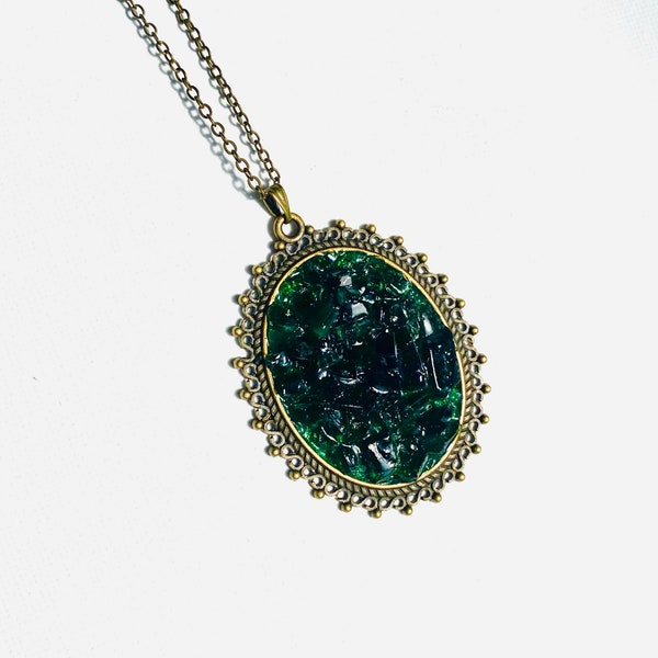 Vintage-Look Hunter Green Recycled Glass Large Statement Pendant