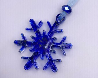 Royal Blue Snowflake Christmas Ornament Made from Recycled Glass