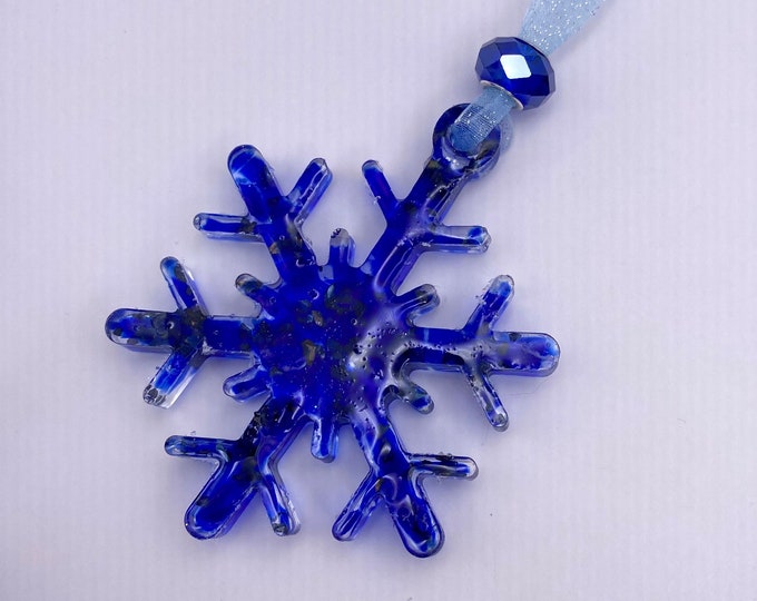 Royal Blue Snowflake Christmas Ornament Made from Recycled Glass