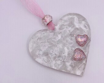 Heart of Hearts Perfectly Imperfect Heart with Heart Ornament made from Recycled Glass - Pink and White