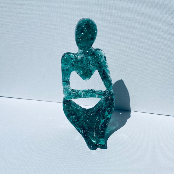 Mindful - Daydreaming and Thinking - Teal Recycled Glass Art