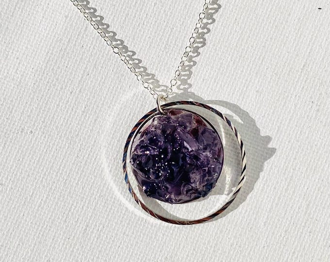 Violet Faux Amethyst Recycled Glass Silver Necklace