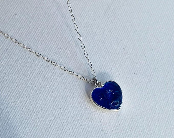 Deep Blue Sterling Silver Perfectly Imperfect Heart Necklace - Medium