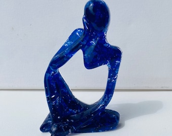 Contemplation - Deep in Thought - Blue Recycled Glass Art
