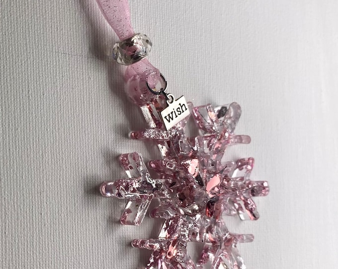 Princess Pink & Silver Star Christmas Snowflake Ornament with Wish Charm