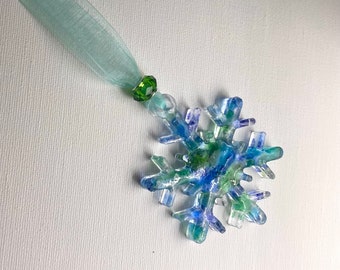Coastal Snowflake Ornament made from Sea Glass and Recycled Glass