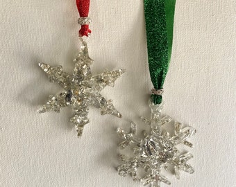 Silver Christmas Snowflake 2 Ornament Set made from Recycled Glass - Red & Green Glitter Ribbon