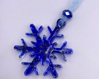 Beautiful Snowflake Christmas Ornament Made from Recycled Glass - Blue Shine