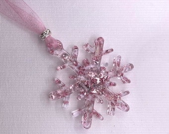 Sparkle Princess Pink Christmas Snowflake Ornament made from Recycled Glass