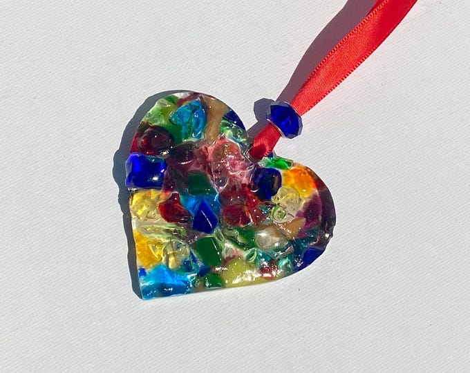 Beautiful Heart Ornament Made from Recycled Glass - Over the Rainbow - Perfectly Imperfect Heart